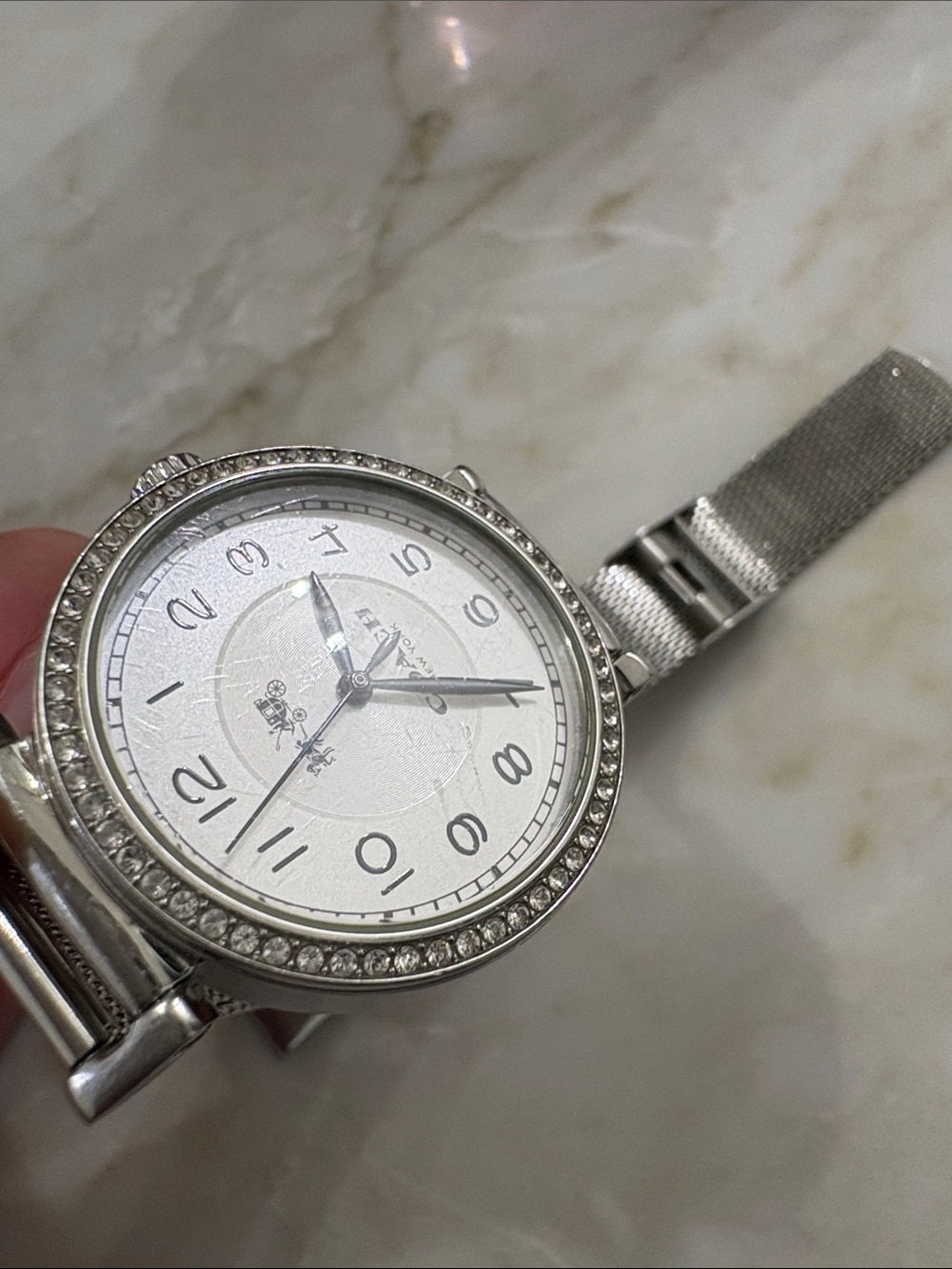 Coach Silver Tone Mesh Bracelet Crystal Bezel Watch - White Dial - Picture 6 of 8